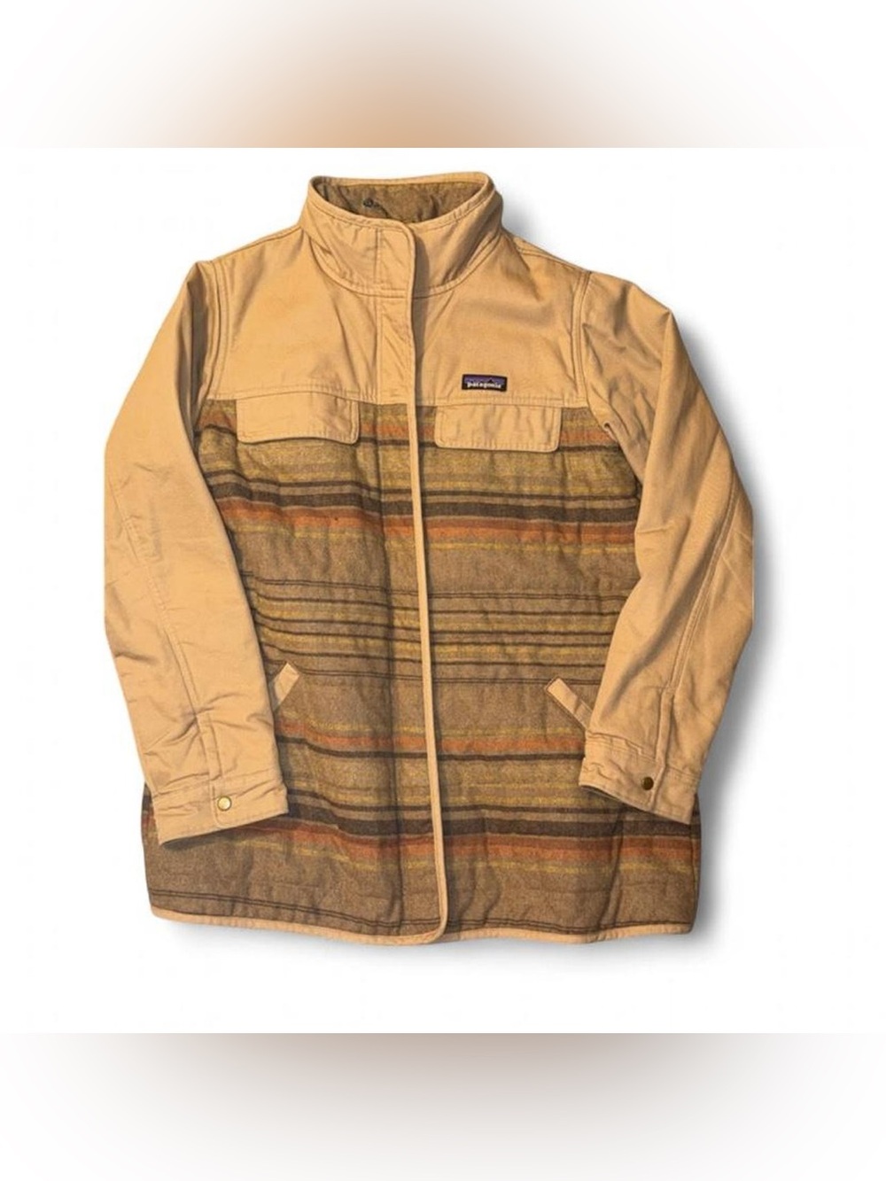 Patagonia Tan Jacket with Olive & Rust Stripe Fleece Body
